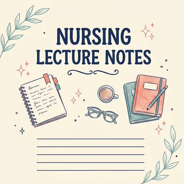 Handwritten nursing lecture notes cover with notebooks and pencil