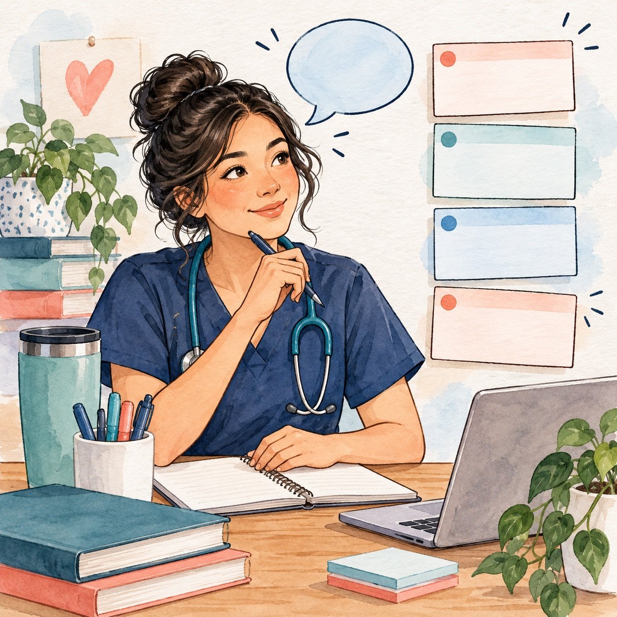 Hand-drawn nursing student planning a four-part handoff at a desk