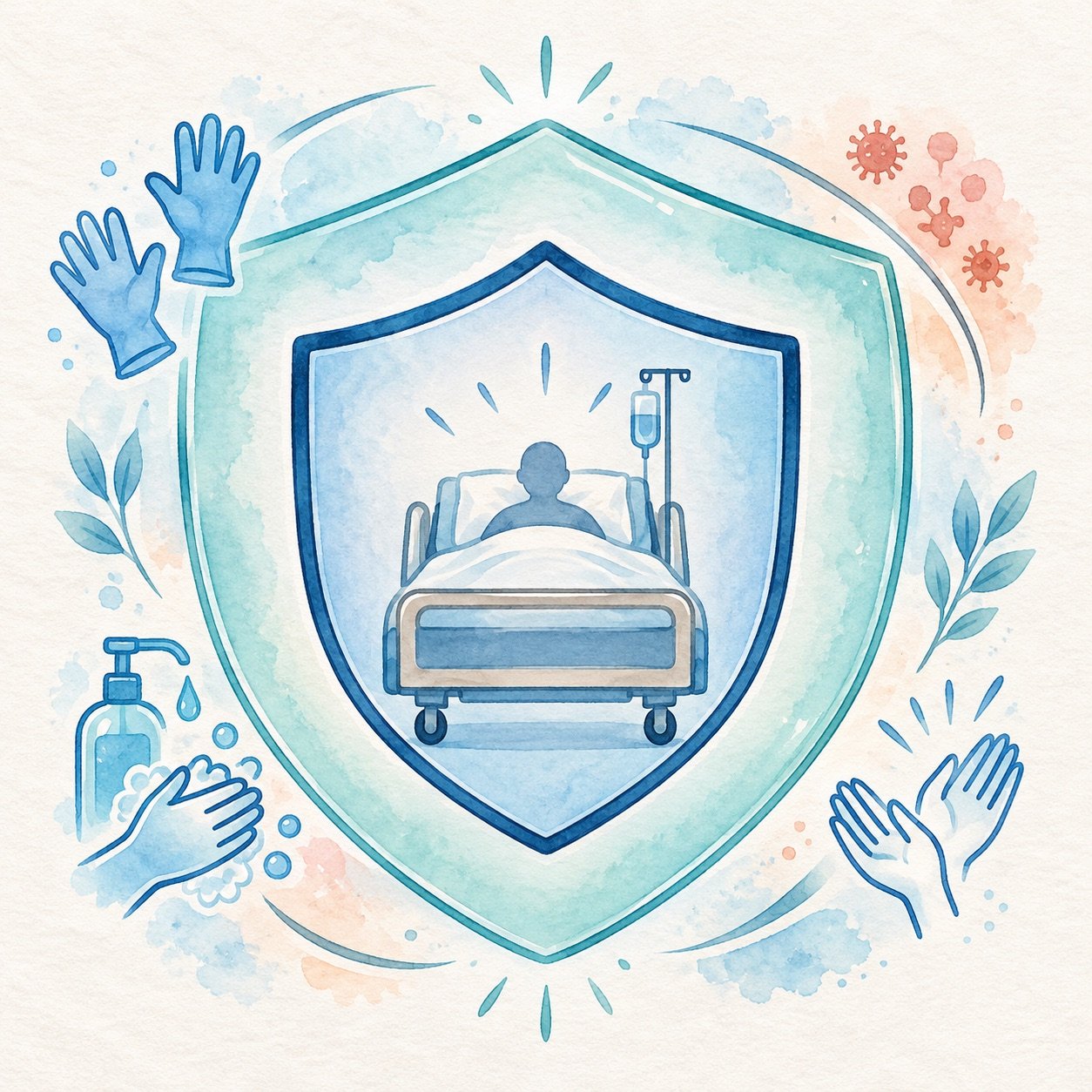 Watercolor patient bed inside two protective shield layers representing baseline and added precautions