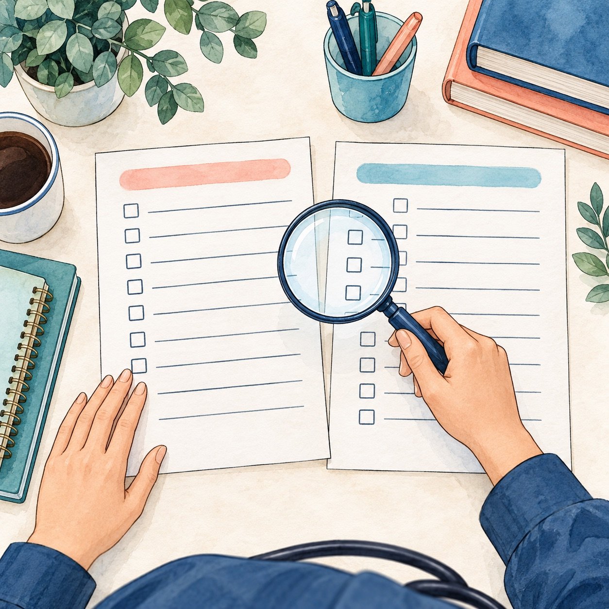 Hand-drawn comparison of two blank medication lists using a magnifying glass