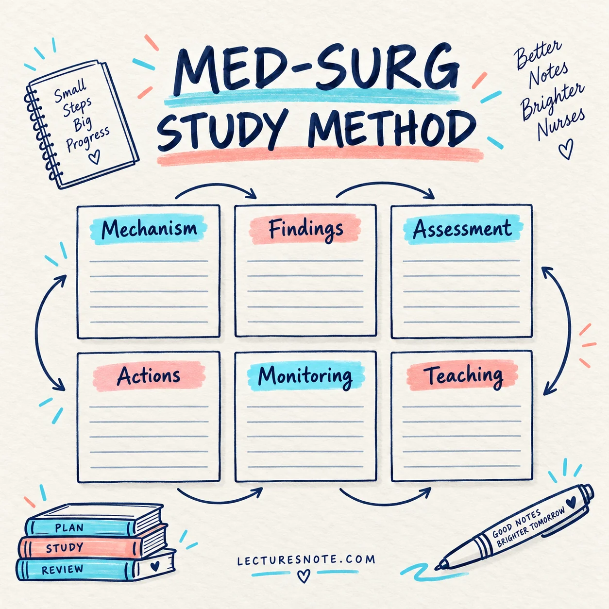 Handwritten Med-Surg study method worksheet with six review fields