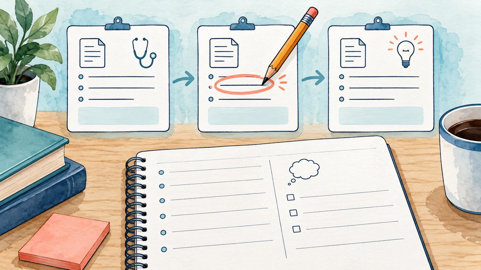 Hand-drawn case-study cards beside a blank nursing study worksheet