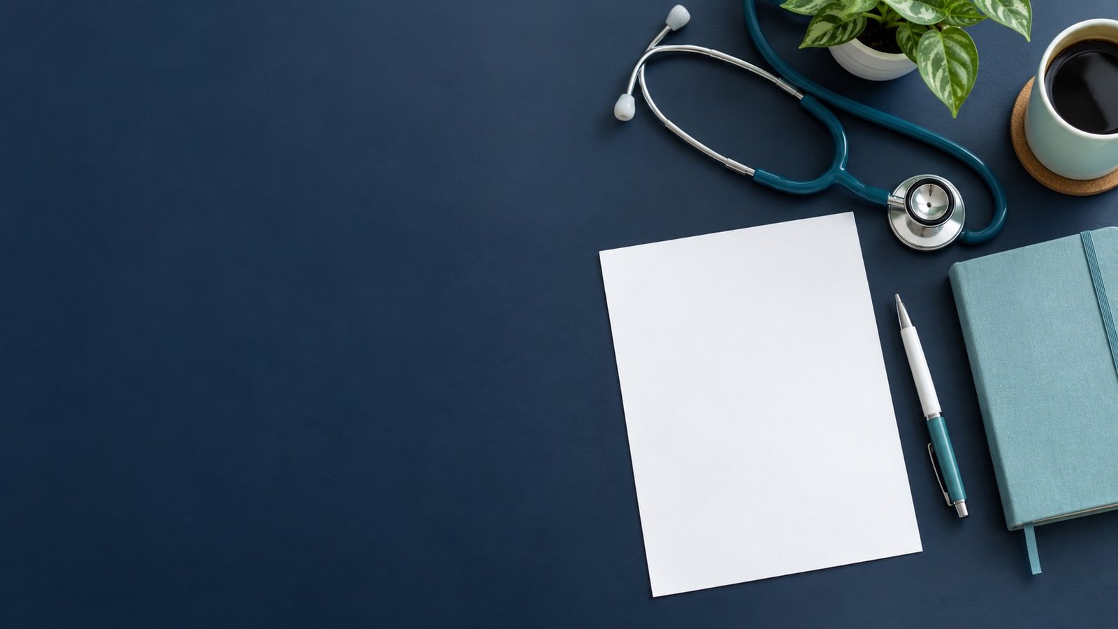 Nursing study desk with a blank worksheet, stethoscope, notebook, and pen