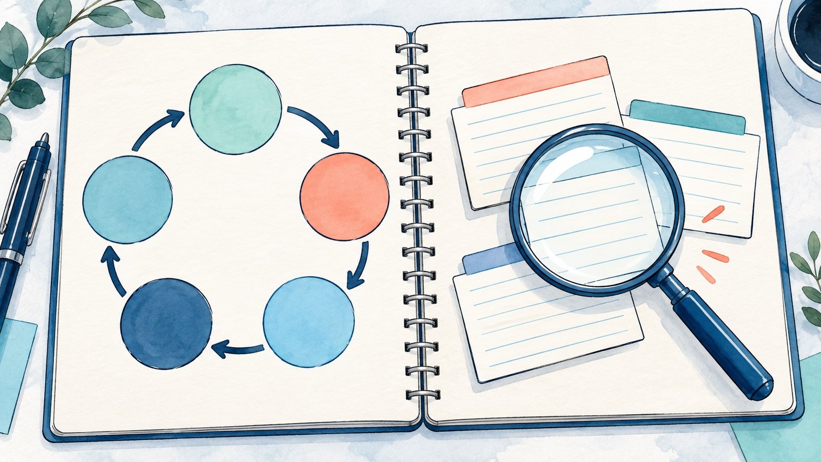 Hand-drawn circular study workflow beside a magnifying glass